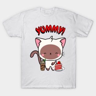 Cute white cat is having coffee and cake T-Shirt